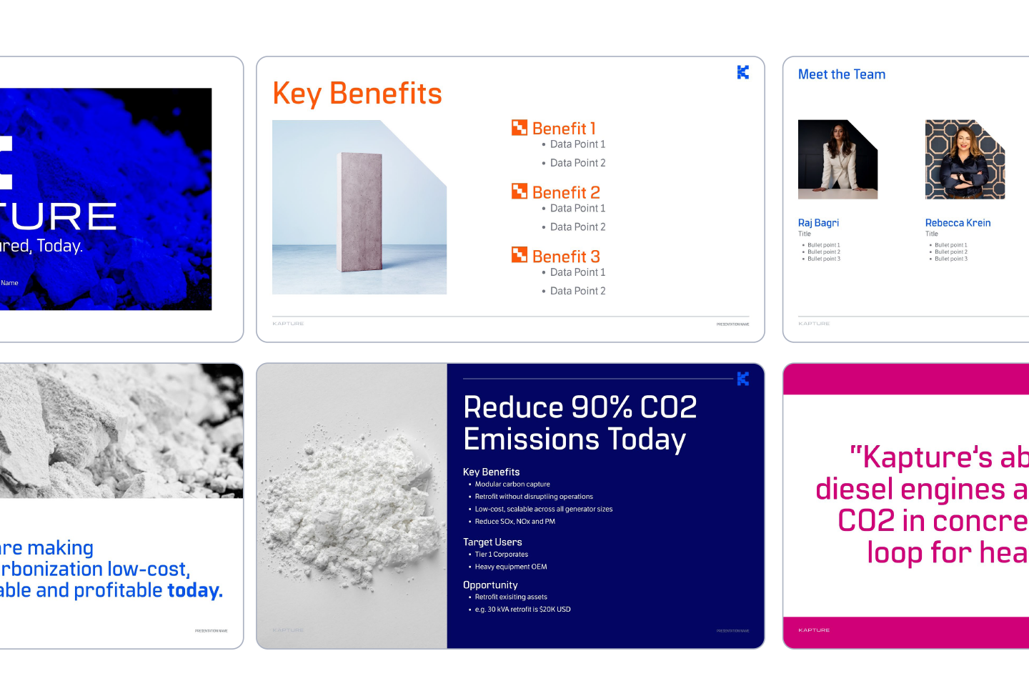 Presentation deck made for Kapture that utilizes the design system, brand color palette and logo.
