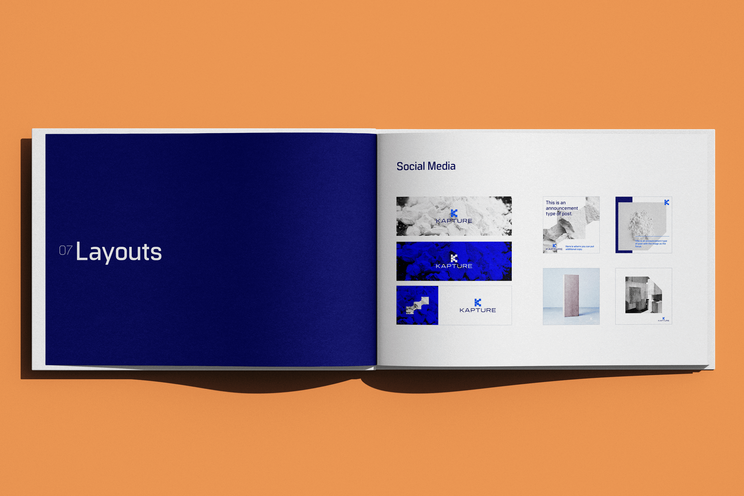Kapture's Brand Guidelines that show the layouts and how they work within the brand's design system.