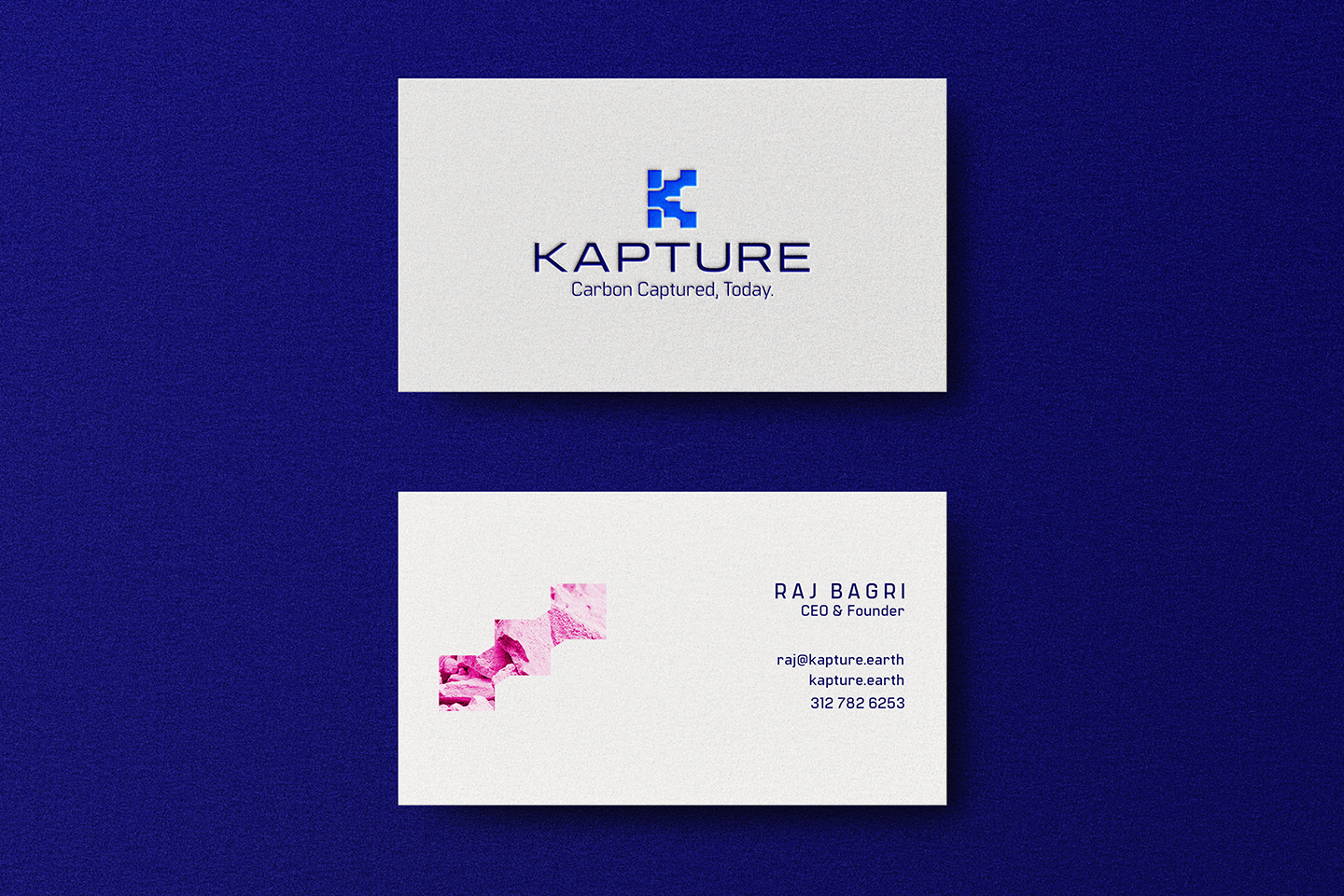 Business card made for Kapture's founder, Raj Bagri that utilizes the design system and logo.